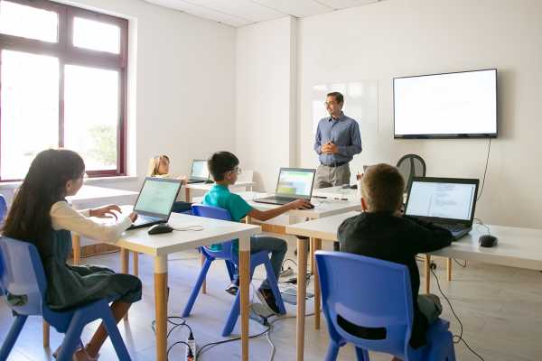 Confident teacher explaining lesson to pupils 